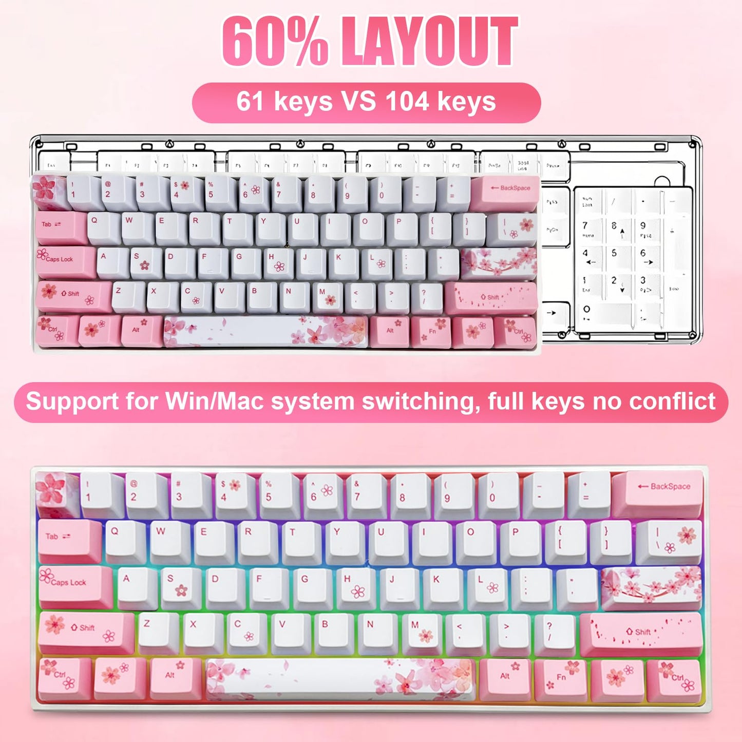 ZMX Cherry Blossom Pink Mechanical Keyboard,60% Compact Hot Swappable USB-C Wired RGB Gaming Keyboard 61 Keys Mini Cute Keyboard with Dye-Sublimation PBT Keycap for PC/Mac (Red Switch)