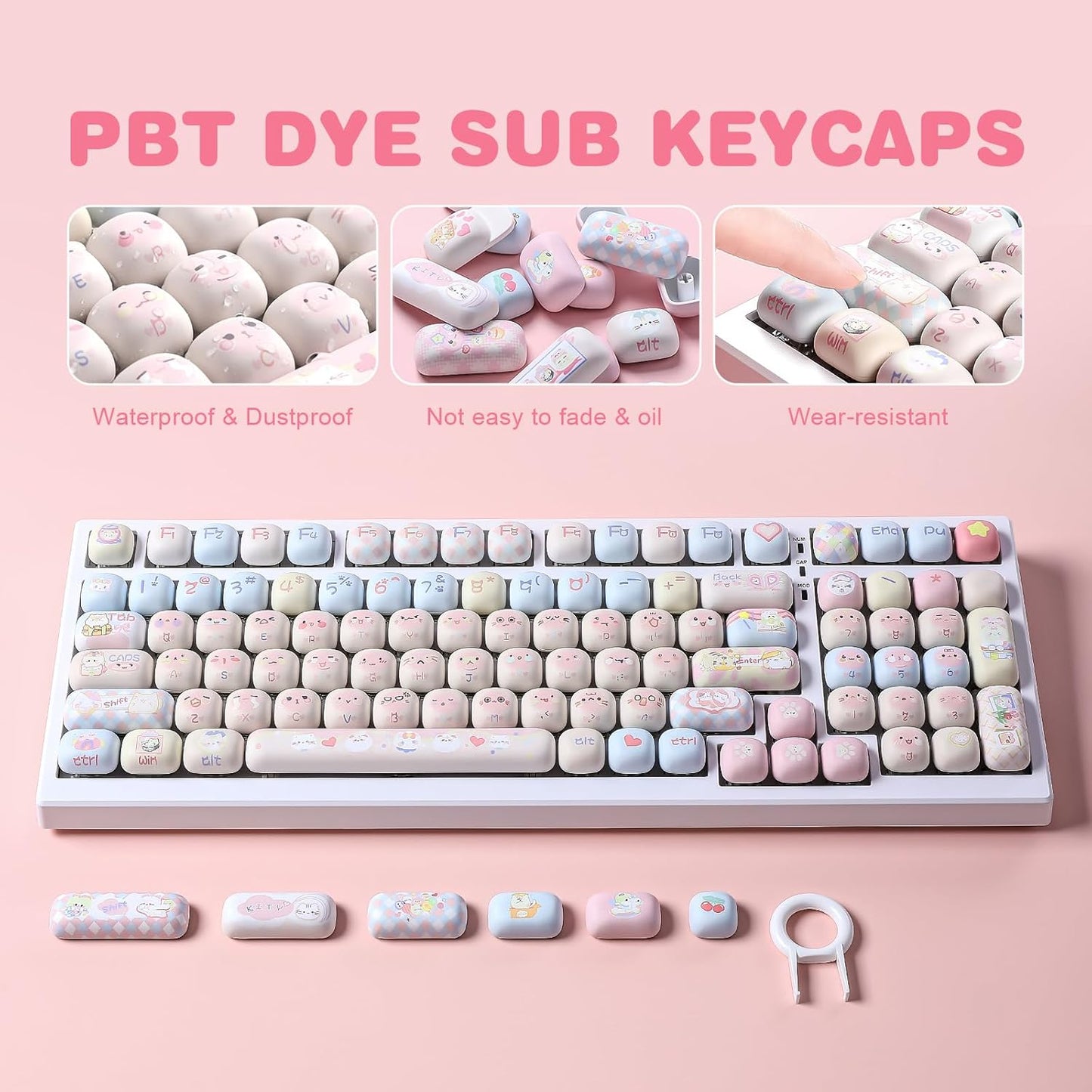 YUNZII Cute Pink Ice Cream Custom Keycaps, 138 Keys Dye Sub PBT MOG Profile Keycap Set for Mechanical Gaming Keyboards (Pink Ice Cream)