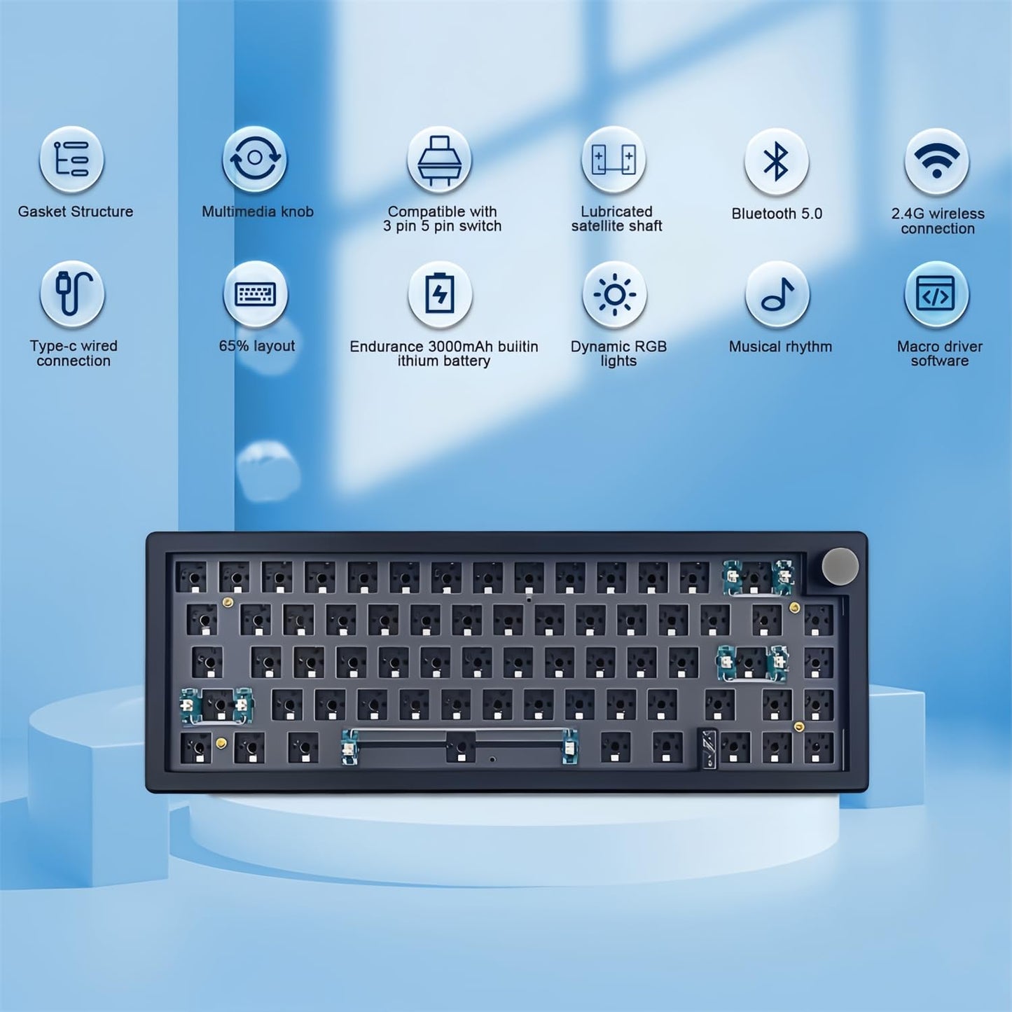 ZMX GMK67 Keyboard Barebones Kit,Hot-Swap PCB Bluetooth 5.0/2.4G/Type-C Tri-Mode 65% Mini Custom RGB Wireless Mechanical Keyboard with Knob Gasket Mount Programmable Gaming Keyboard DIY Kit (Black)