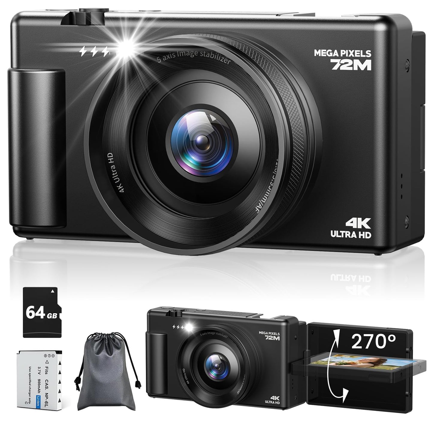 4K Digital Camera for Photography, 72MP Autofocus Vlogging Cameras for YouTube with 64GB SD Card and Battery, 18X Digital Zoom 2.8" 270° Flip Screen Compact Travel Camera for Teens
