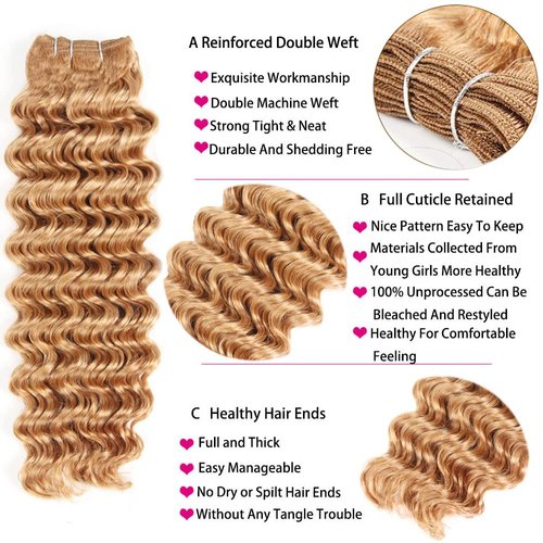 Honey Blonde Deep Wave Bundles Human Hair Unprocessed Brazilian Virgin Hair 16 18 20 Inch Color #27 Bundles Human Hair