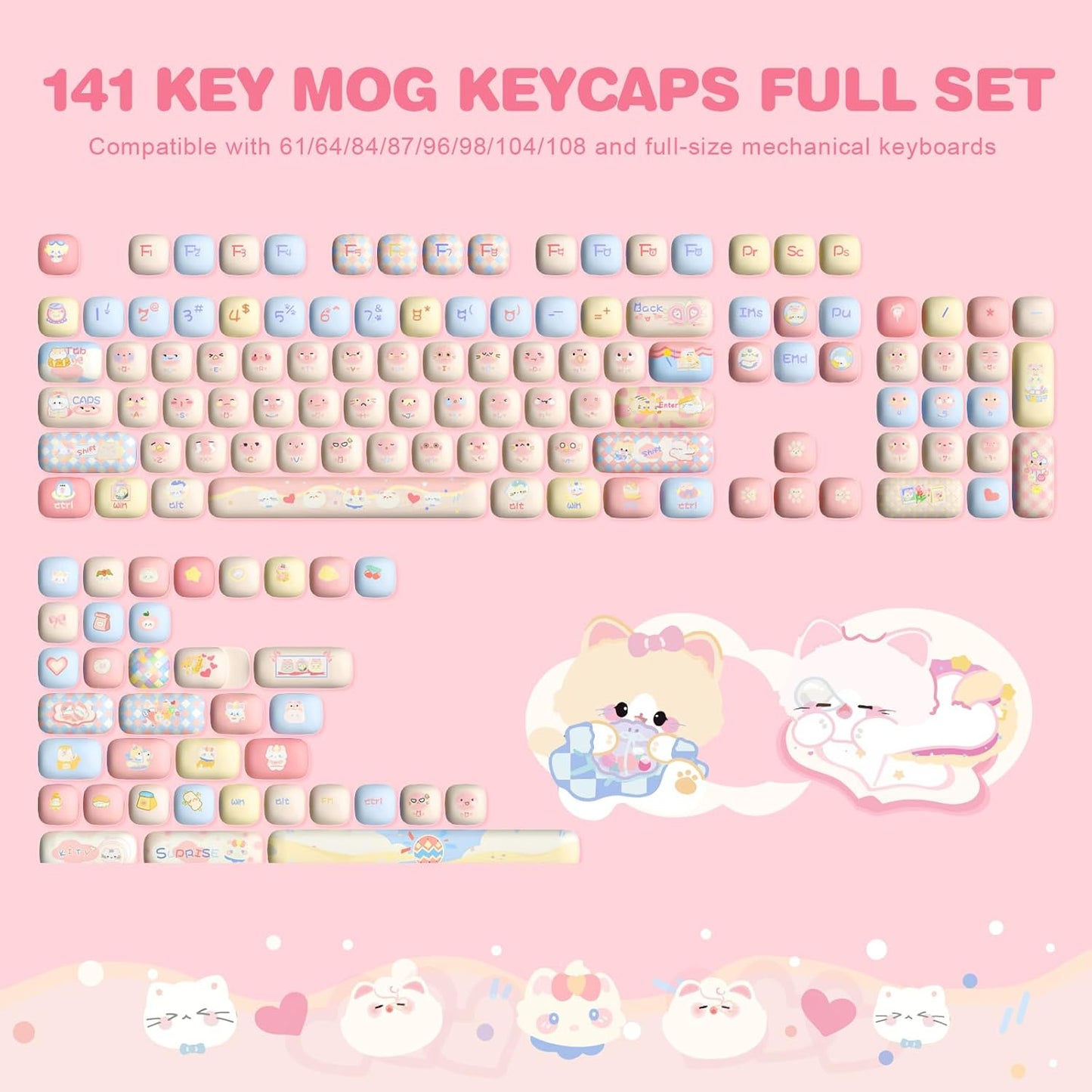 YUNZII Cute Pink Ice Cream Custom Keycaps, 138 Keys Dye Sub PBT MOG Profile Keycap Set for Mechanical Gaming Keyboards (Pink Ice Cream)