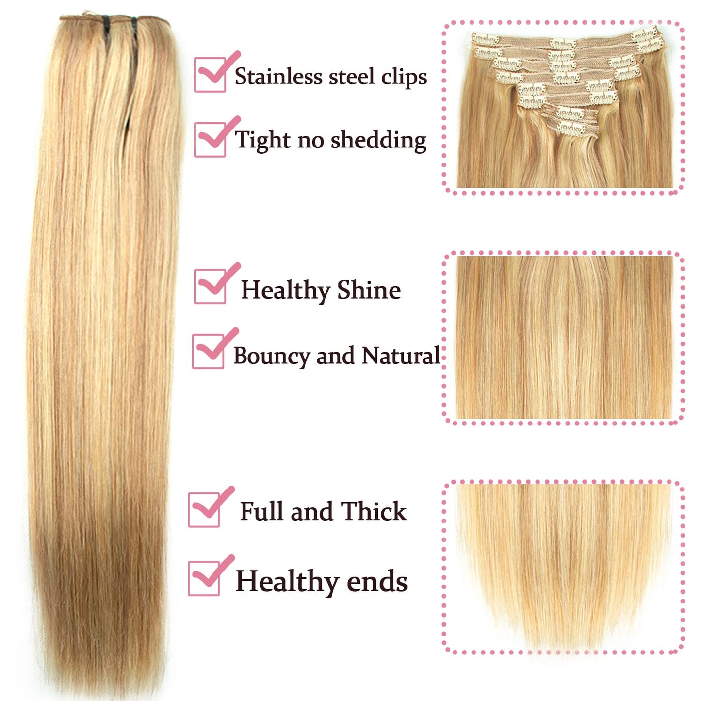 Human Hair Clip in Extensions Dark Blonde Highlighted Bleach Blond Full Head Silky Straight Clip in Natural Remy Human Hair Extensions 120g 8pcs (16 inch, #18/613)