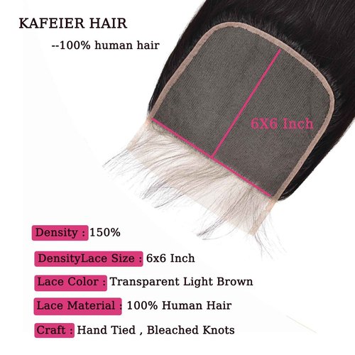 6x6 Closure Straight Wave Closure Transparent Lace Frontal Closure Brazilian Human Hair With Baby Hair Pre Plucked Free Part Bleached Knot Brazilian Virgin Hair Natural Color (6x6,20 Inch)