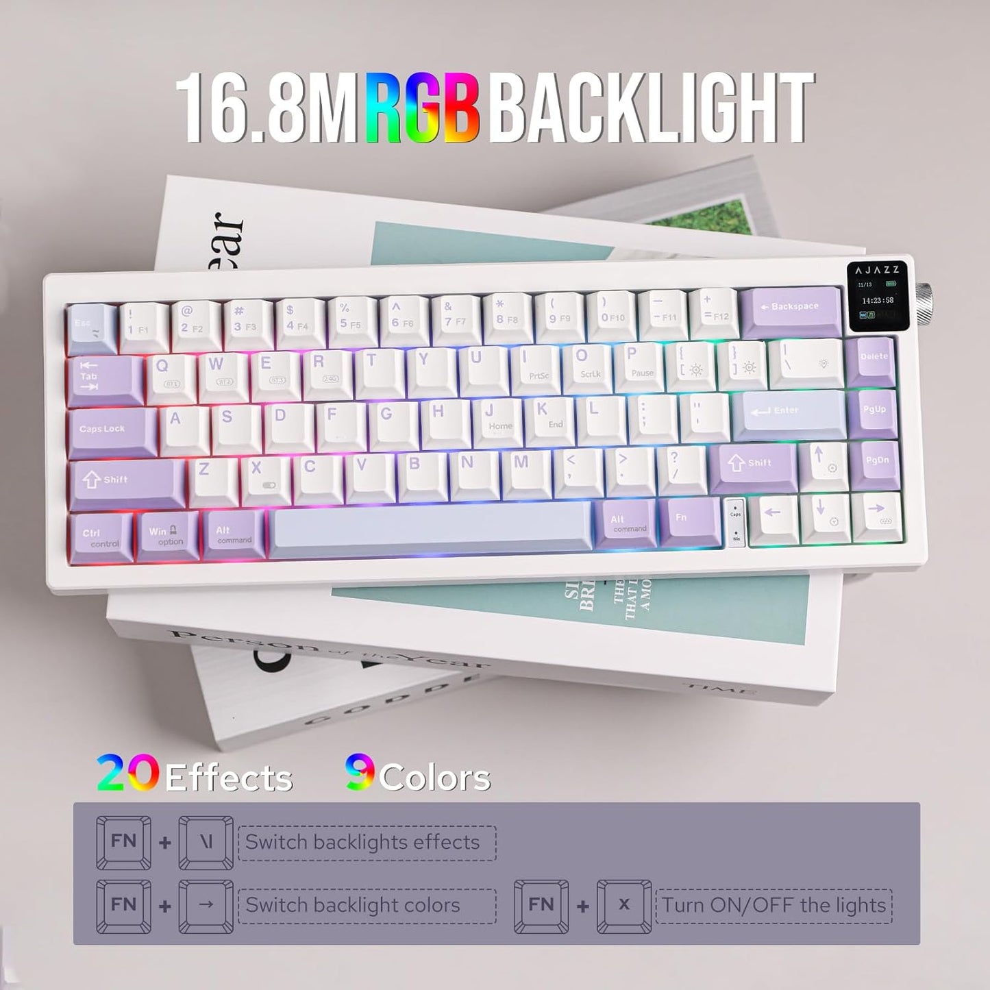 AJAZZ AK650 65% Gasket Mechanical Keyboard, 3 Modes Wireless Gaming Keyboard with 0.85'' TFT Screen & Knob, Hot Swappable, 5000 mAh Battery, Flex-Cut Plate & PCB, RGB (White Purple)