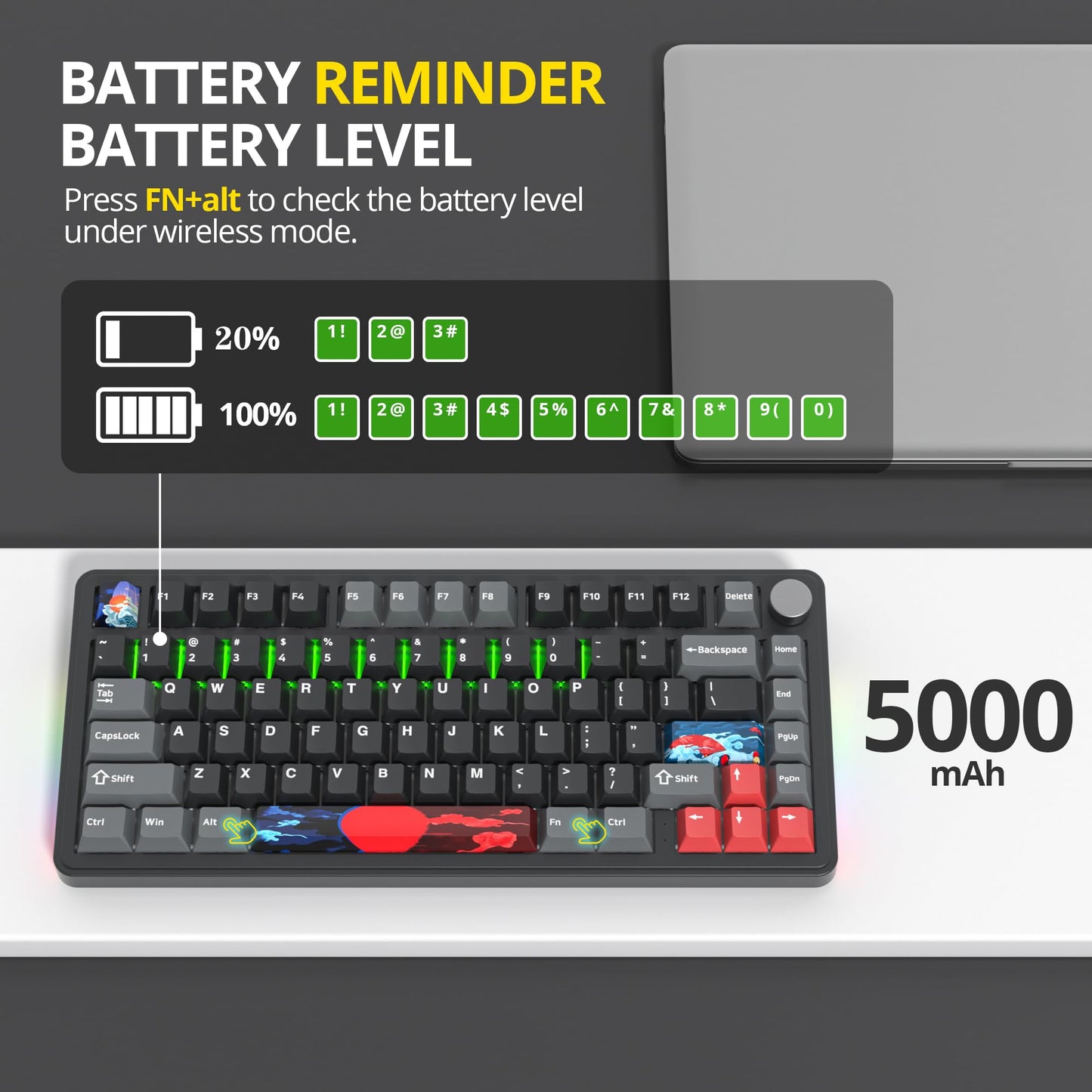 surmen M75 75% Wireless Creamy Keyboard with Gasket, Pre-lubed Triple Mode Bluetooth Mechanical Gaming Keyboard BT5.0/2.4Ghz/USB with Sound Absorbing Pads Hot-Swap(Shadow Red)