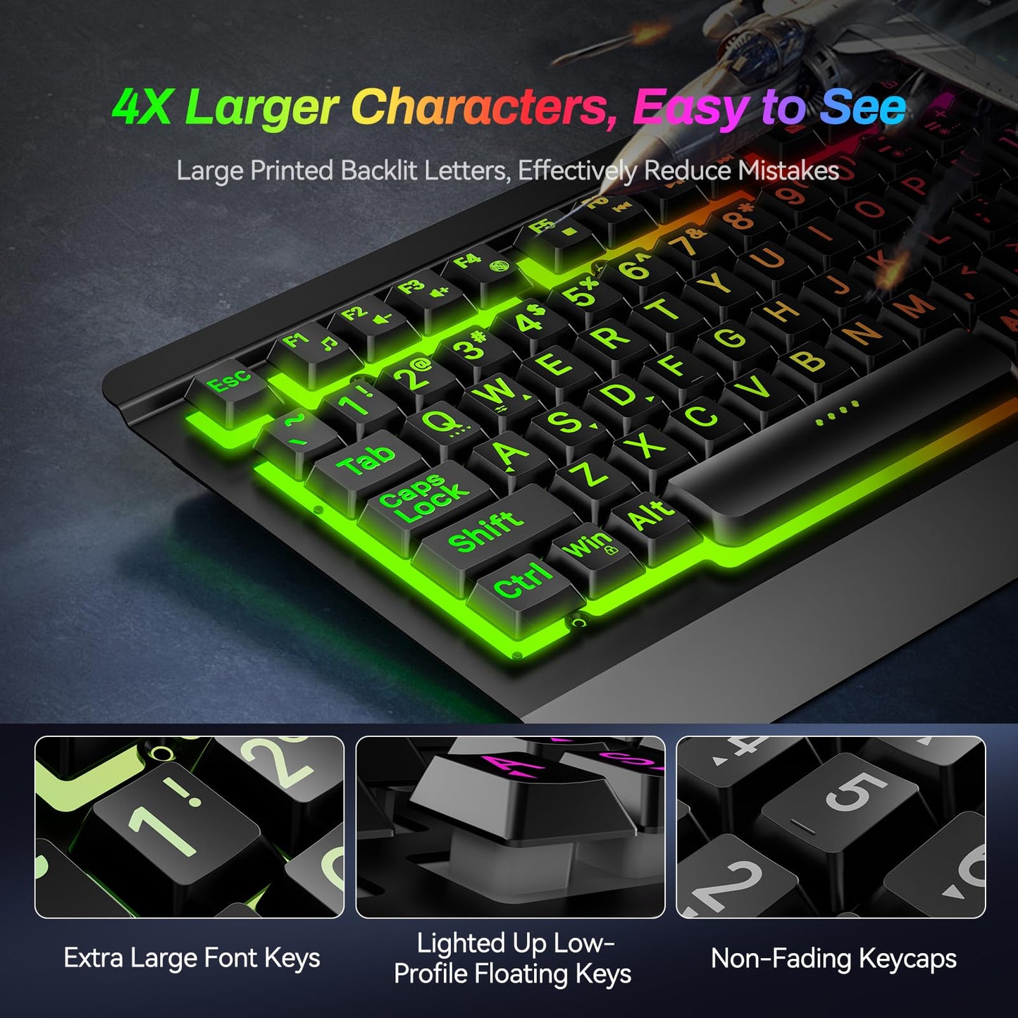 Acebaff Gaming Computer Keyboard with Large Print Keys, 104 Keys All-Metal Panel, Rainbow LED Backlit, Wrist Rest, Multimedia, Anti-Ghosting, Waterproof Light Up Wired Keyboard for PC Mac Gamer