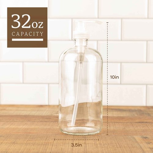 kitchentoolz 4 Pack of 32 Ounce Large Pump Bottles, Glass Refillable Containers for Lotions, Soaps, Oils, Sauces, Homemade Laundry Detergent - Food Grade
