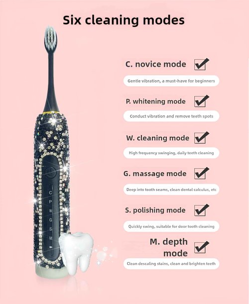 VFUIFRYI Electric Toothbrush for Woman Black Bling Diamond Decor Everyday Luxury Limited Edition Portable Travel Essentials for Women Black Toothbrush with 3 Replacement Heads 6 Modes
