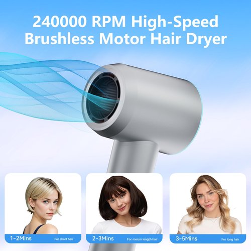 Hair Dryer, 240000 RPM High-Speed Ionic Blow Dryer, 3 Temps/2 Speeds, Lightweight, Low Noise, with Magnetic Diffuser & Nozzle, Thermo-Control for Home Travel Salon, Silver