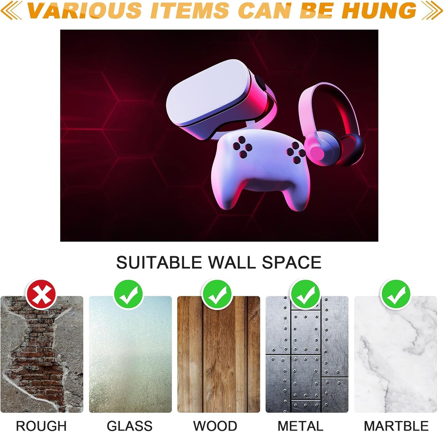 6 Pcs Headphone Wall Hangers 2 in 1 Adhesive Gaming Headset Holder Hooks for Wall Mount Strong Universal Stand Hooks for Most Headphone Controller, Hat, Baseball Caps, Closet, Door