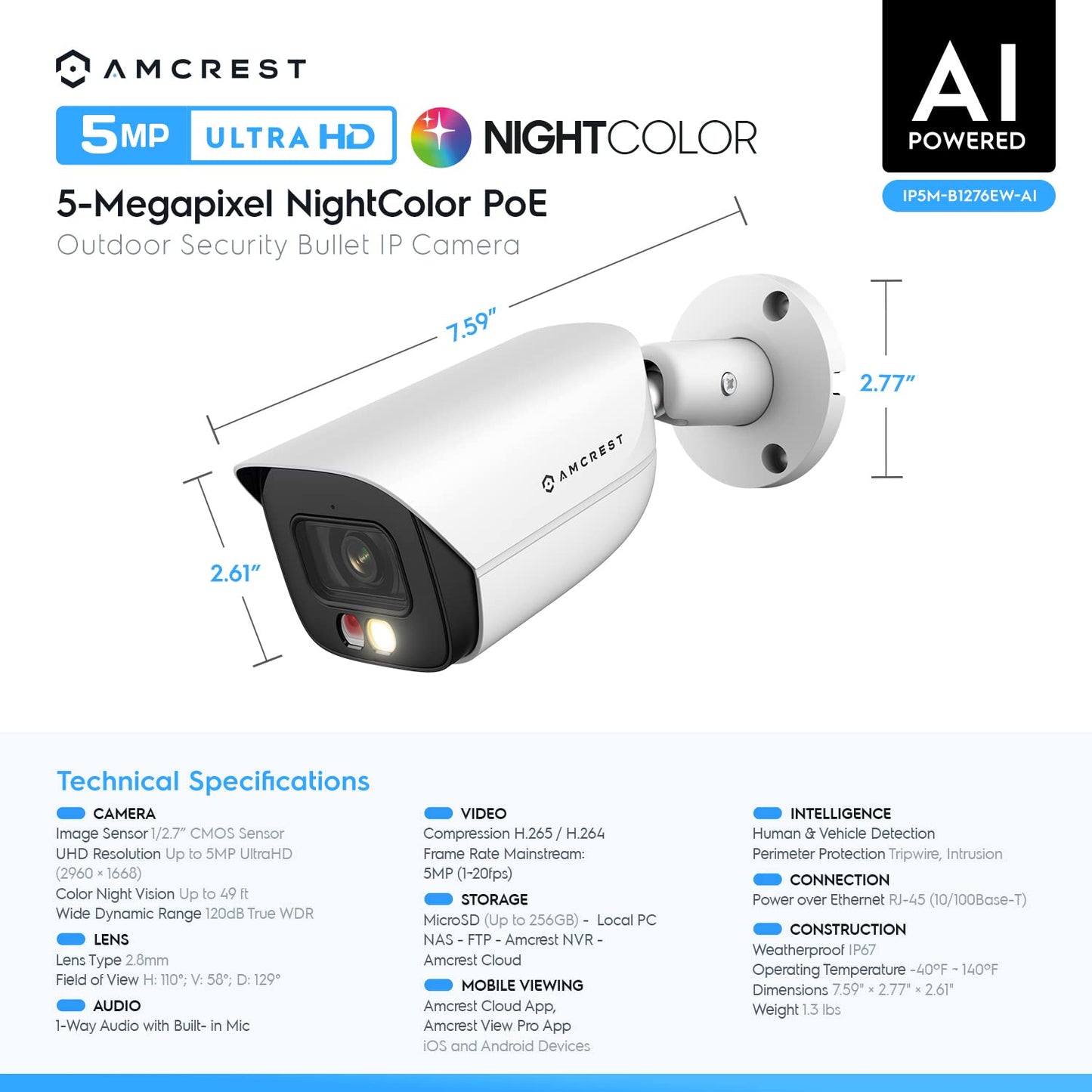 Amcrest 5MP IP PoE AI Camera w/ 49ft Color Night Vision, Security Outdoor Bullet Camera, Built-in Microphone, Human & Vehicle Detection, Active Deterrent, 129° FOV, 5MP@20fps IP5M-B1276EW-AI (White)