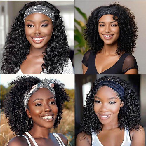 JCL Headband Wig Human Hair 14 Inch Headband Wigs Human Hair Wig Glueless Wigs Human Hair Curly Human Hair Wigs for Black Women Human Hair Natural Color Deep Wave Lace Front Wigs
