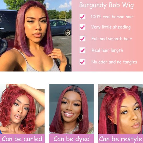 Keytac Wear and Go Glueless 99J Burgundy Bob Wigs Human Hair 16 Inch Pre Cut 99J Bob Lace Front Wigs Human Hair with Baby Hair Straight HD Transparent Bob Lace Frontal Wig Short Wigs for Black Women