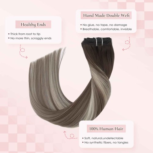 Hyssiet 20 Inch Clip in Real Human Hair Extensions, Balayage Walnut Brown to Ash Brown Mix Light Blonde, Remy Thick Invisible Straight Clip Hair,Seamless, 95 Gram 7 Pieces With 16 Clips