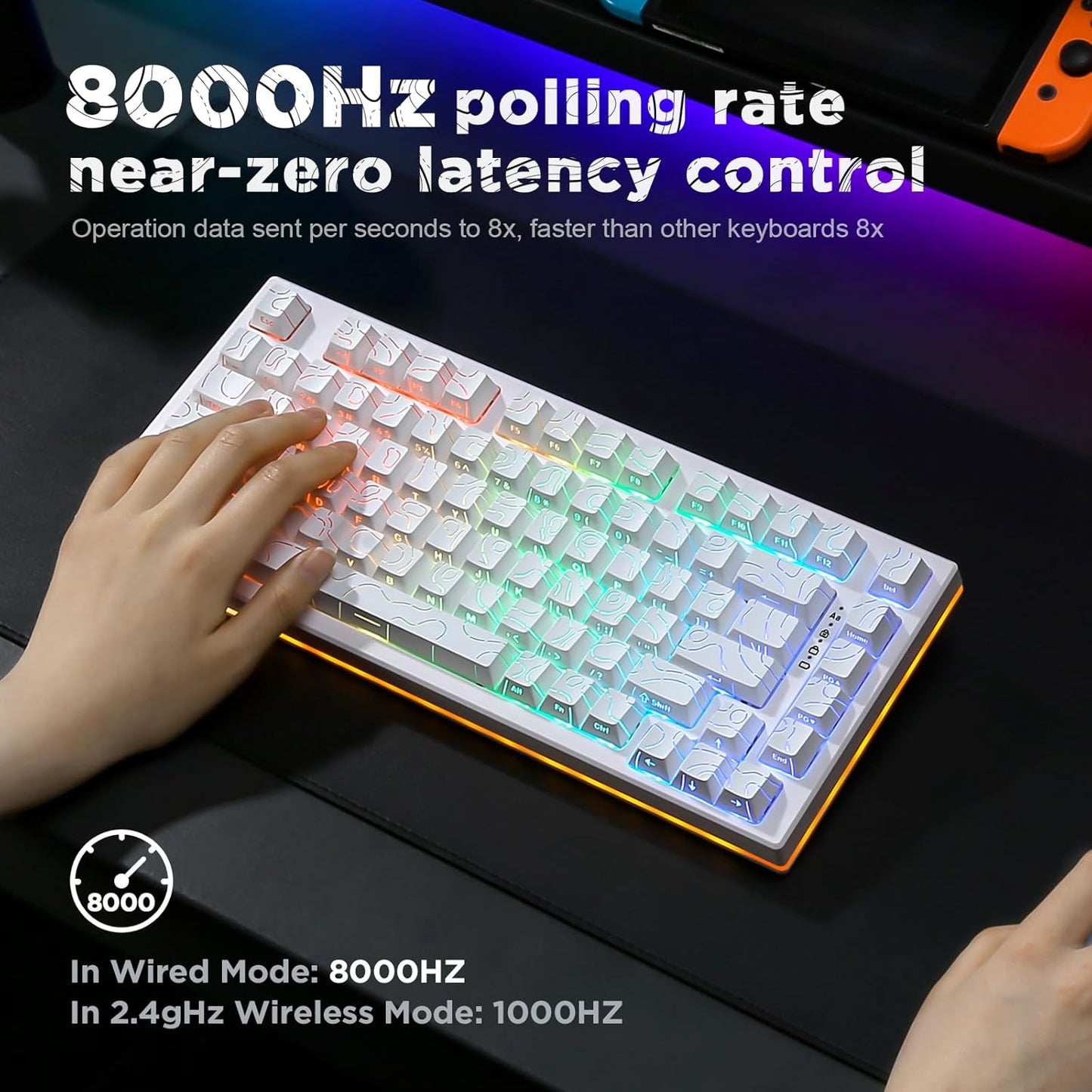YUNZII RT80 Rapid Trigger Hall Effect Magnetic Gaming Keyboard, 8K Polling Rate, 75% Layout,BT/2.4GHz/Wired,RGB Backlit,Hot Swap,Adjustable Actuation Wireless for Win/Mac(Black, Gateron White)
