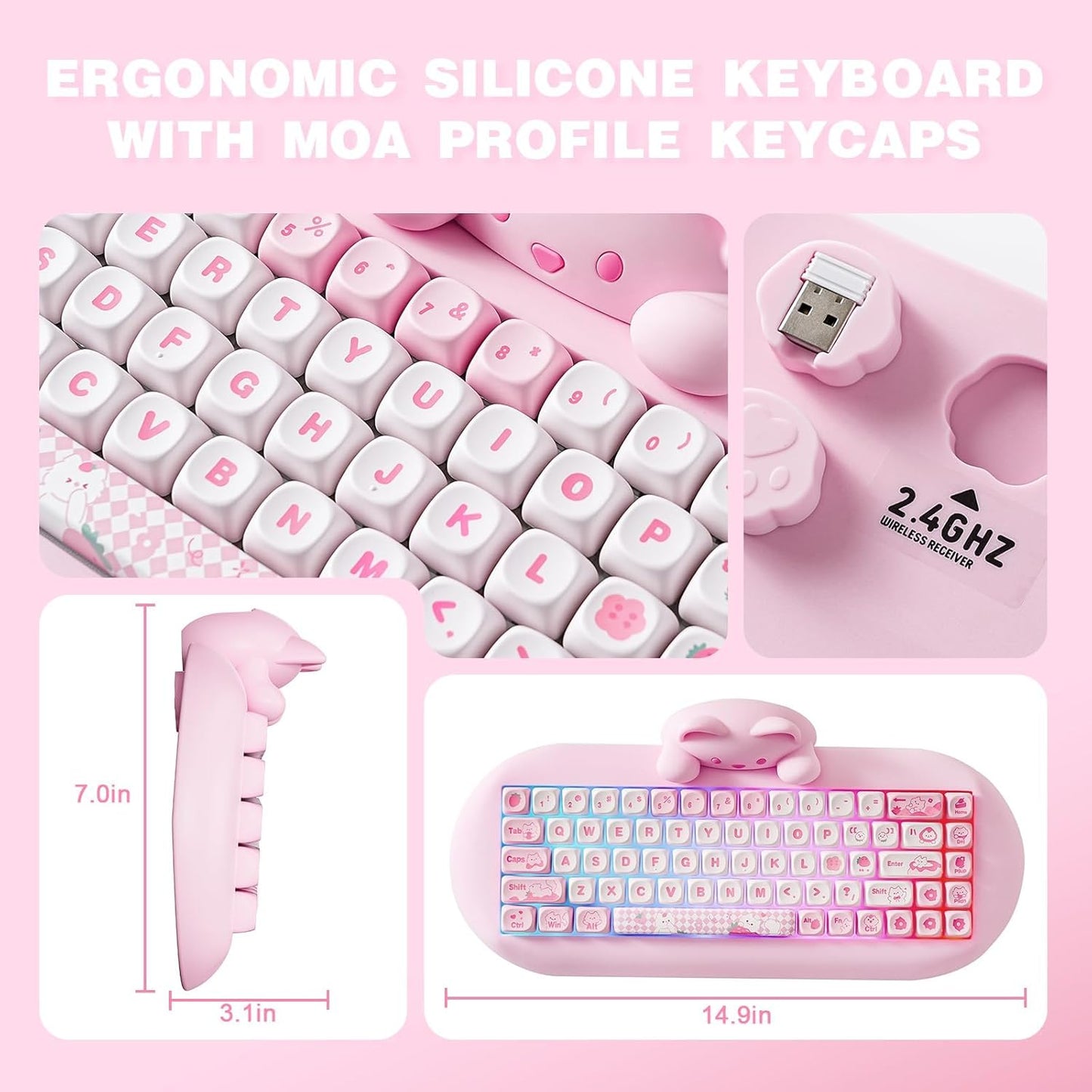 YUNZII C68 Wireless Mechanical Keyboard,65% Layout,Hot Swap,Triple Mode BT5.0/2.4G/Wired, RGB Backlit NKRO,Cute Cat Silicone Ergonomic Design for Win/Mac (Brown, Milk Switch)