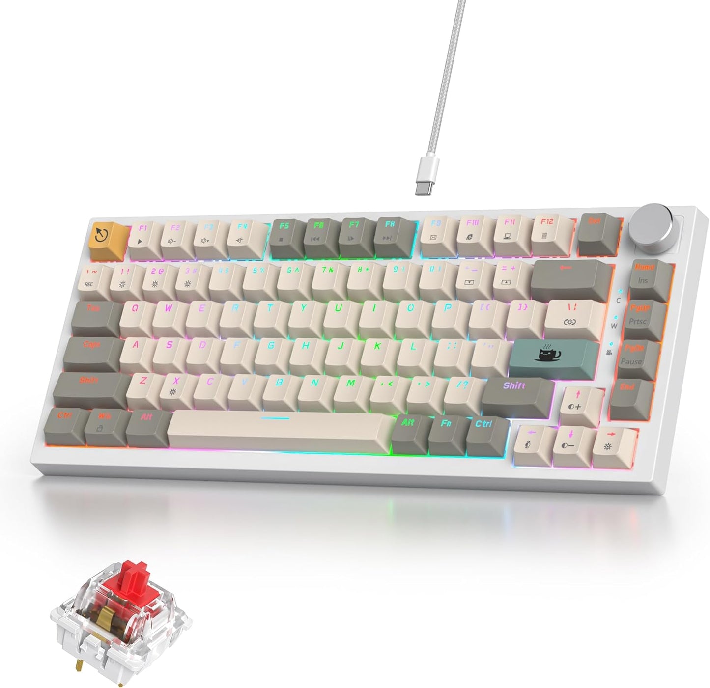 75% Mechanical Gaming Keyboard with Volumn Knob, Gasket Hot Swappable RGB, Wired, Red Switch, 82 Keys Compact Creamy (Black Grey)