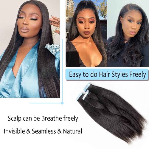 Tape in Hair Extensions Human Hair 40 Pcs Light Yaki Straight Tape in Extensions for Black Women Urbeauty Seamless Invisible Tape Hair Extensions Real Human Hair Natural Black Color 18 Inch