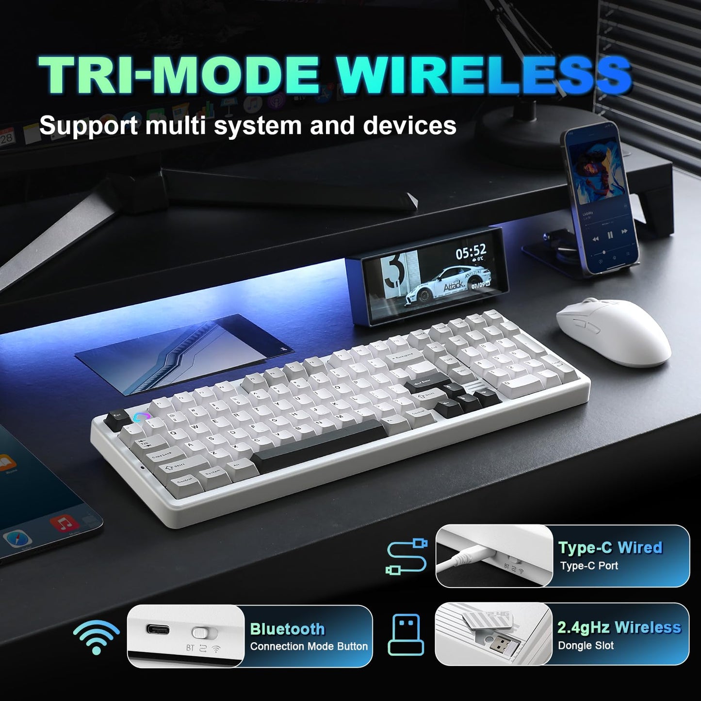 YUNZII AL98 QMK/VIA Wireless Mechanical Gaming Keyboard,Full Aluminum,BT/2.4G/USB-C, Pre-Lubed Hot Swappable Gasket Mount 1800 Layout,RGB Backlit for Win/Mac (White, Milk Switch)
