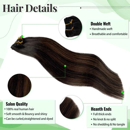 Clip in Hair Extensions Real Human Hair, Natural Black Highlights Medium Brown 18 Inches 5pcs Long Straight Clip ins Human Hair Extensions Handmade Double Weft Remy 70grams