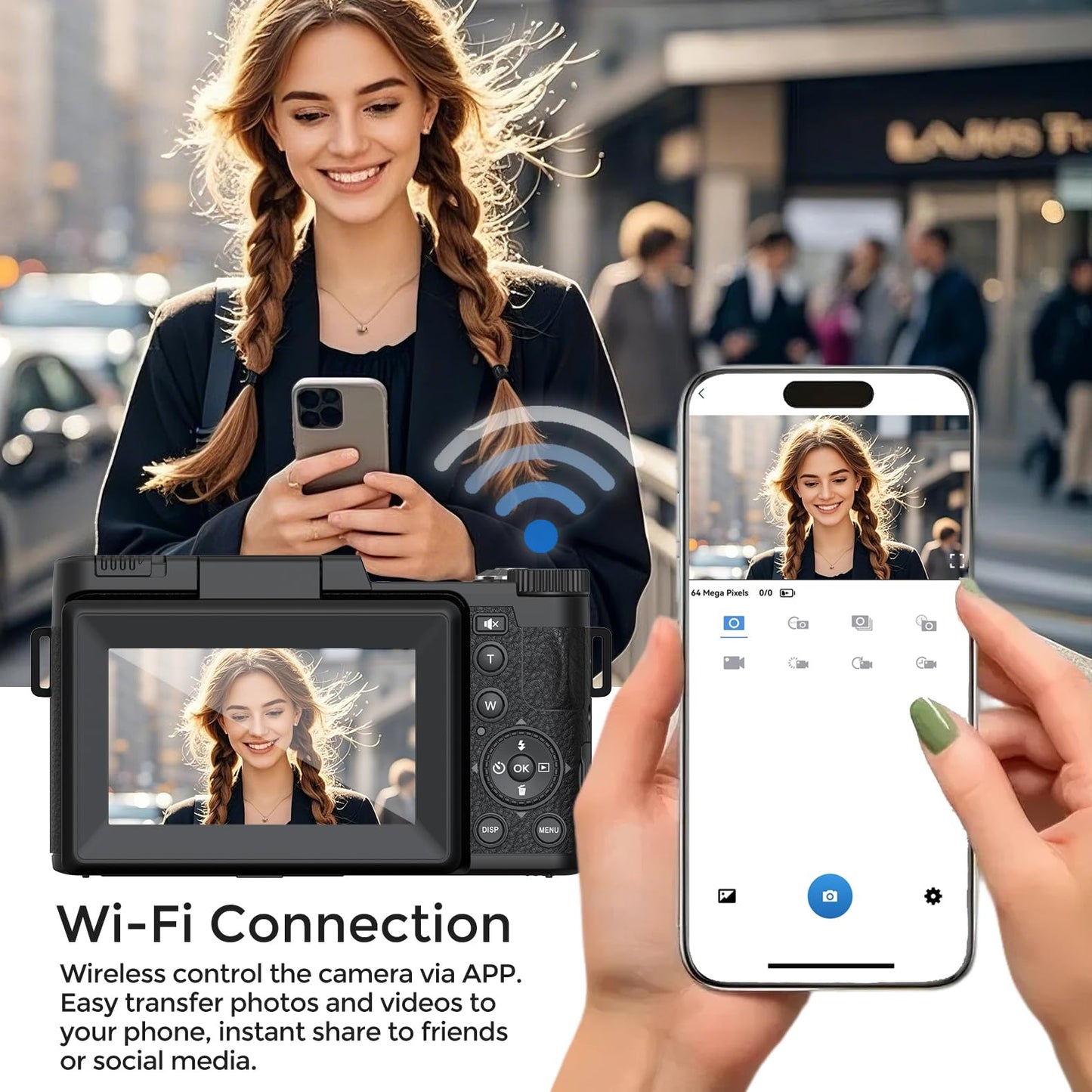 5K Vlogging Camera with WiFi 64MP 4K Digital Camera for Photography Vlog Camera with Flip Screen Video Camera for YouTube with Selfie Light, Desk Tripod, Batteries