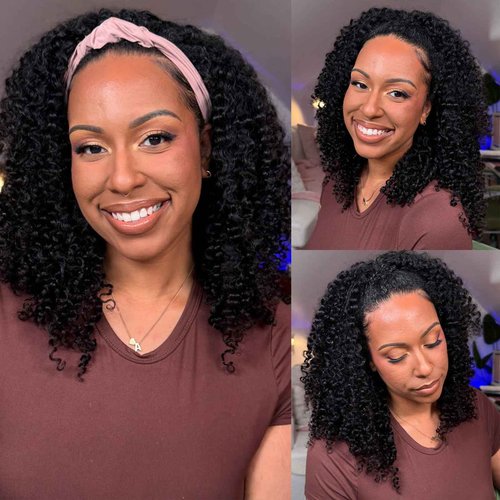 Kinky Curly Half Wig Human Hair 200% Density Headband Wig Upgrade 3 In 1 Half Wig with Drawstring Seamless Clip Ins Flip Over Wear Go Glueless Wigs 100% Human Hair for Women Beginner Friendly 16 Inch
