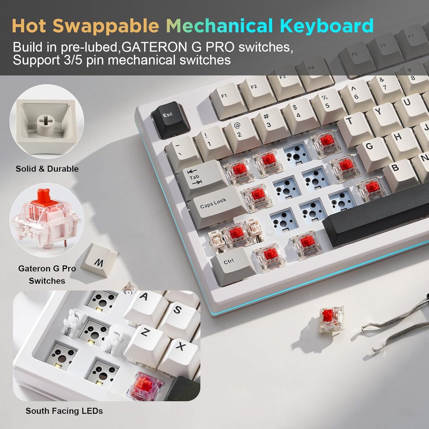 YUNZII YZ75 75% Hot Swappable Wireless Gaming Mechanical Keyboard, RGB Backlights, BT5.0/2.4G/USB-C, Dye Sub PBT Keycaps for Linux/Win/Mac(Gateron G Pro Brown, White)
