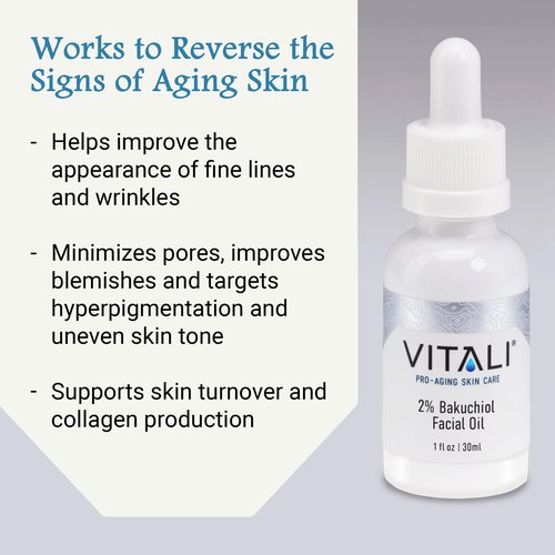 Vitali Premium 2% Bakuchiol Facial Oil: Premium Natural Retinol Alternative for Age and Wrinkle Reduction, and Soothing Irritated Skin, Boosts Copper Peptide Absorption- 1 fl. oz.