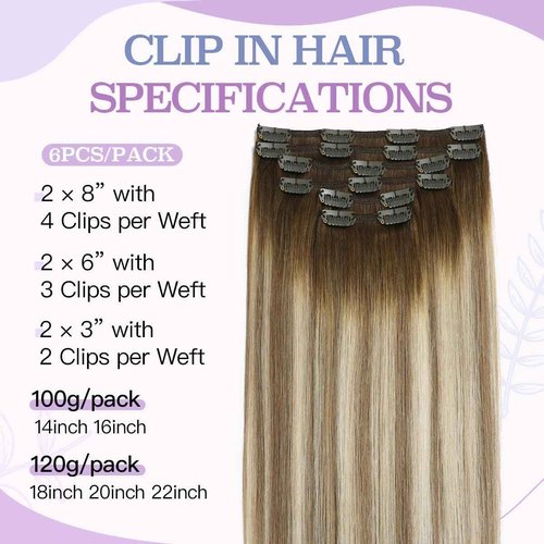 Sindra Clip in Hair Extensions Balayage Darker Brown to Ash Brown Highlights Golden Blonde 16 Inch 100g 6pcs Hair Extensions Clip Ins Remy Thick Ends #3/8/22 16''