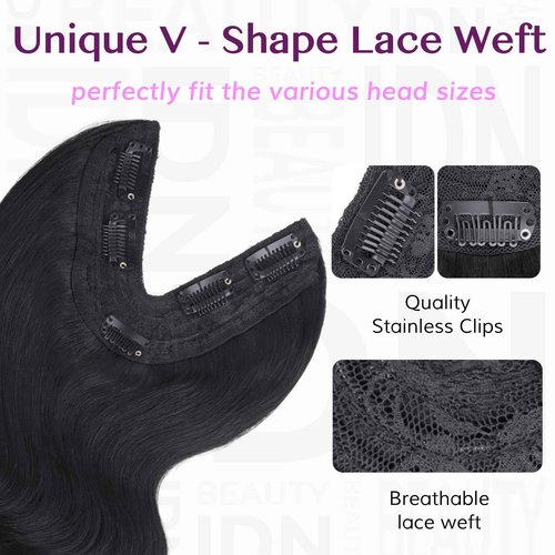 IDN BEAUTY V Part One Piece Clip in Hair Extensions Human Hair Combo Pack, Body Wave 18 Inch 120g 1pcs V Part and 2pcs Clip Ins For Black Woman Natural Black V Shape Lace Weft Seamless Invisible Edge