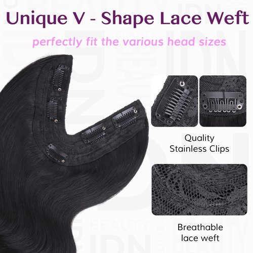 IDN BEAUTY V Part One Piece Clip in Hair Extensions Human Hair Combo Pack, Body Wave 14 Inch 110g 1pcs V Part and 2pcs Clip Ins For Black Woman Natural Black V Shape Lace Weft Seamless Invisible Edge