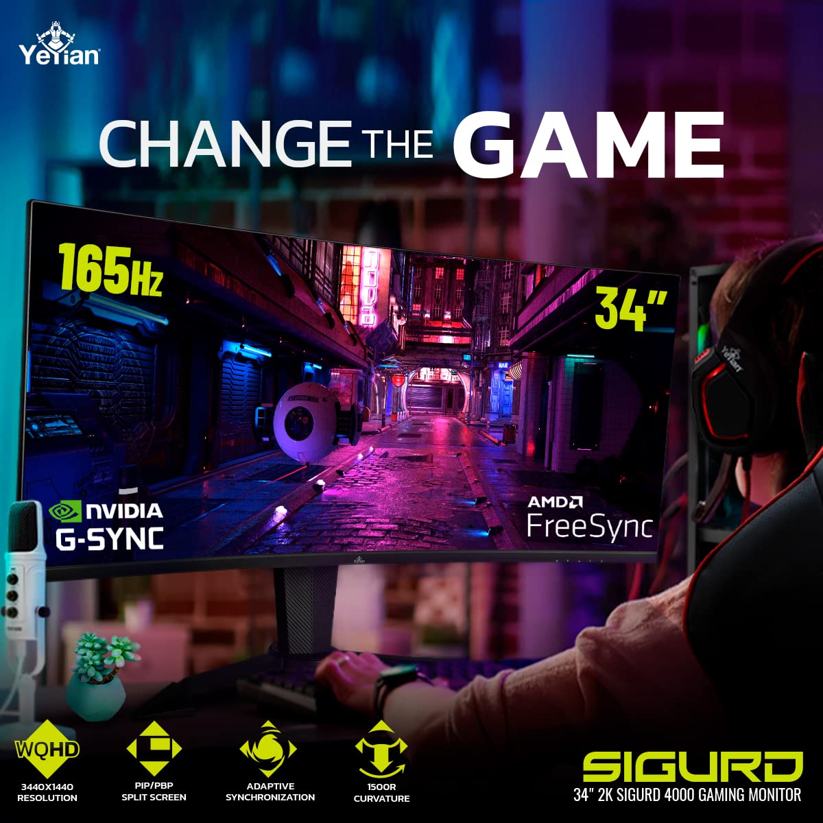 34 inch Ultrawide Curved Gaming Monitor, WQHD 3440X1440 Resolution165 Hz 1ms 1500R VA Screen PC Monitor, YEYIAN Sigurd 4000 2K Monitor, 21:9 PIP/PBP 178° Viewing Angle 121% sRGB 16.7M, Tilt Adjustable