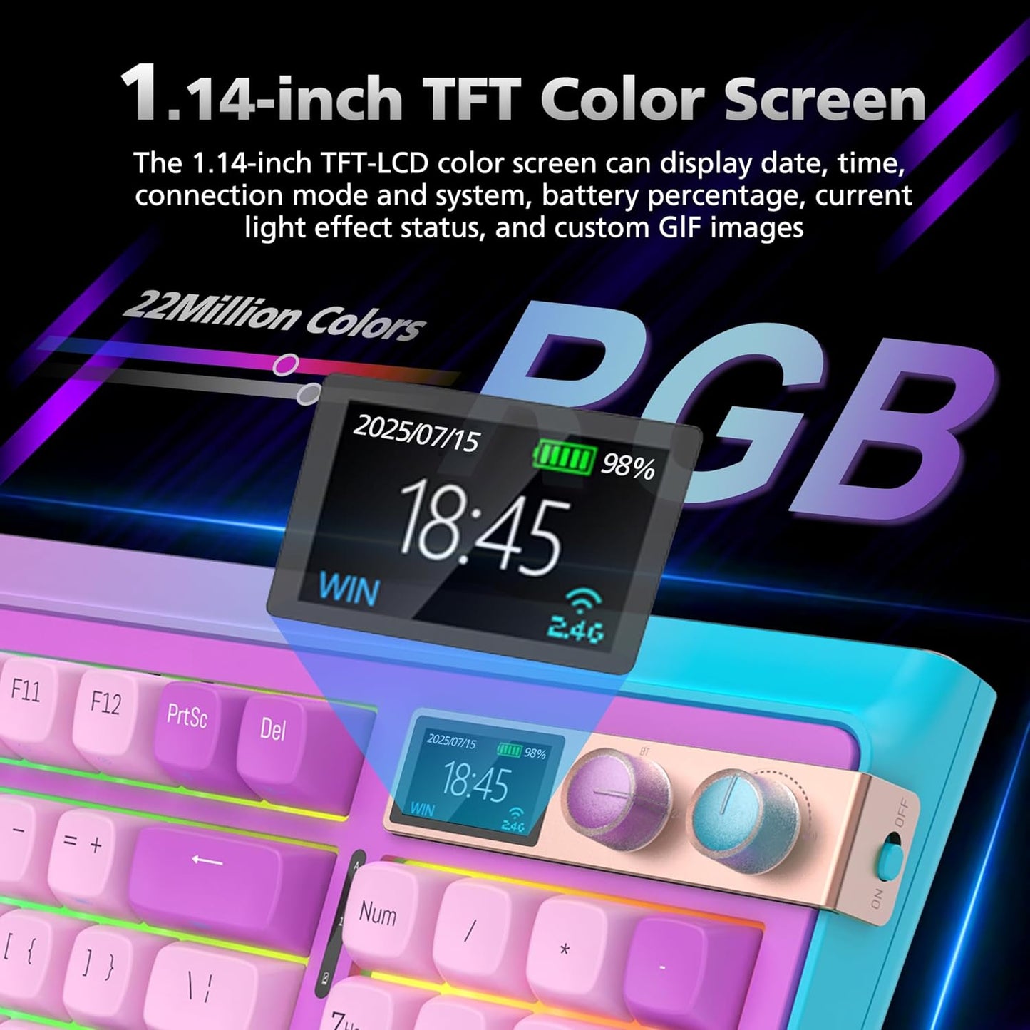 98% Mechanical Gaming Keyboard,96 Keys Full Key Rollover Wireless Keyboard Hot Swappable Gasket Structure,Bluetooth,2.4GHz,USB-A to C 3-Mode,with Screen,RGB,PBT Keycaps,for PC Laptop (Black)