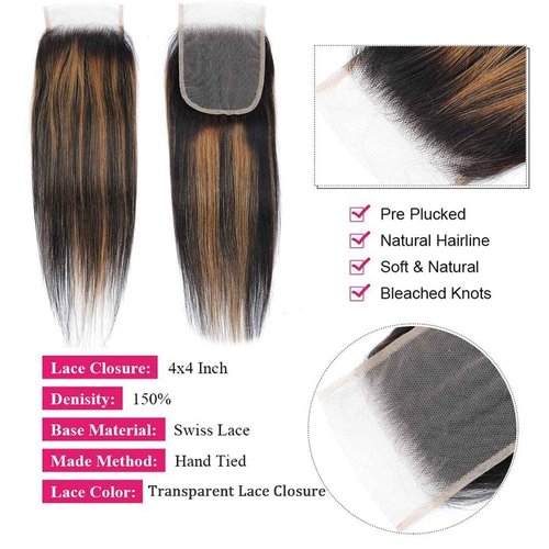 Haha Brown Highlight Bundles with 4x4 Closure Brazilian Human Hair Ombre Bundles with Closure Straight 10A Remy Virgin Hair Weave Colored Fb30 Balayage 14 16 18 +12 Free Part