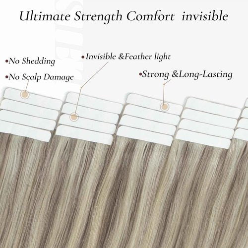 Hyssiet Tape in Hair Extensions Human Hair, 20pcs 50g 14 Inch Ash Blonde Highlighted Bleach Blonde Human Hair Tape in Extensions, Invisible Silky Straight Tape in Hair,Natural Thick Real Human Hair
