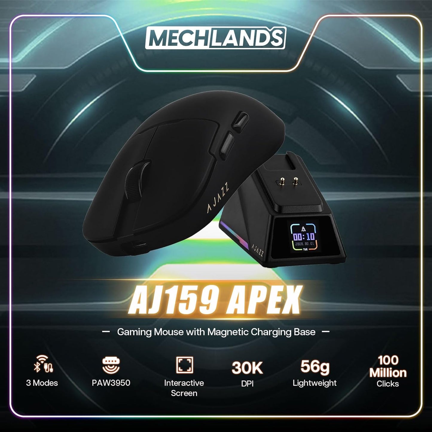 AJ159 APEX Wireless Mouse, Lightweight Gaming Mice, with Magnetic Charging Design and Display Screen, 30000 DPI, PAW3950 Sensor, BT/2.4G/Wired Connection, 400mAh Battery (White)