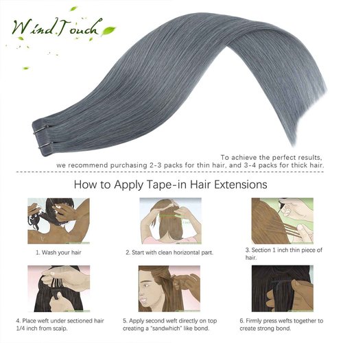 WindTouch Tape in Hair Extensions Silver Gray 100% Human Hair Extensions Straight 20 Pcs 20Inch #gray 50g