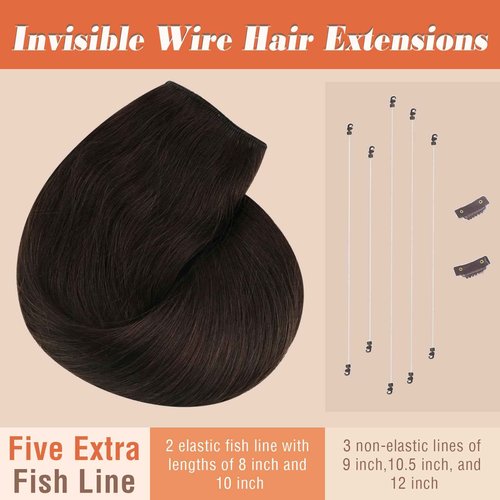 Sunny Hair Wire Hair Extensions Real Human Hair Fish Line Human Hair Extensions Invisible Wire Extensions Darkest Brown #2 18 Inch