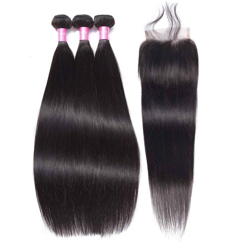 Peruvian Straight Hair Bundles Human Hair Bundles with Closure(18 20 22+14)Unprocessed Virgin Human Hair 3 Bundles with Closure 10A Straight Remy Hair Weave Bundles with 4x4 Lace Closure Natural Color