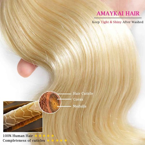 Blonde Human Hair Bundles Body Wave 613 Bundles with Closure (14 16 18+12 Inch) 100% Unprocessed 12A Grade Brazilian Virgin Remy Sew In Hair Extensions Silky and Soft No Tangle Multipurpose
