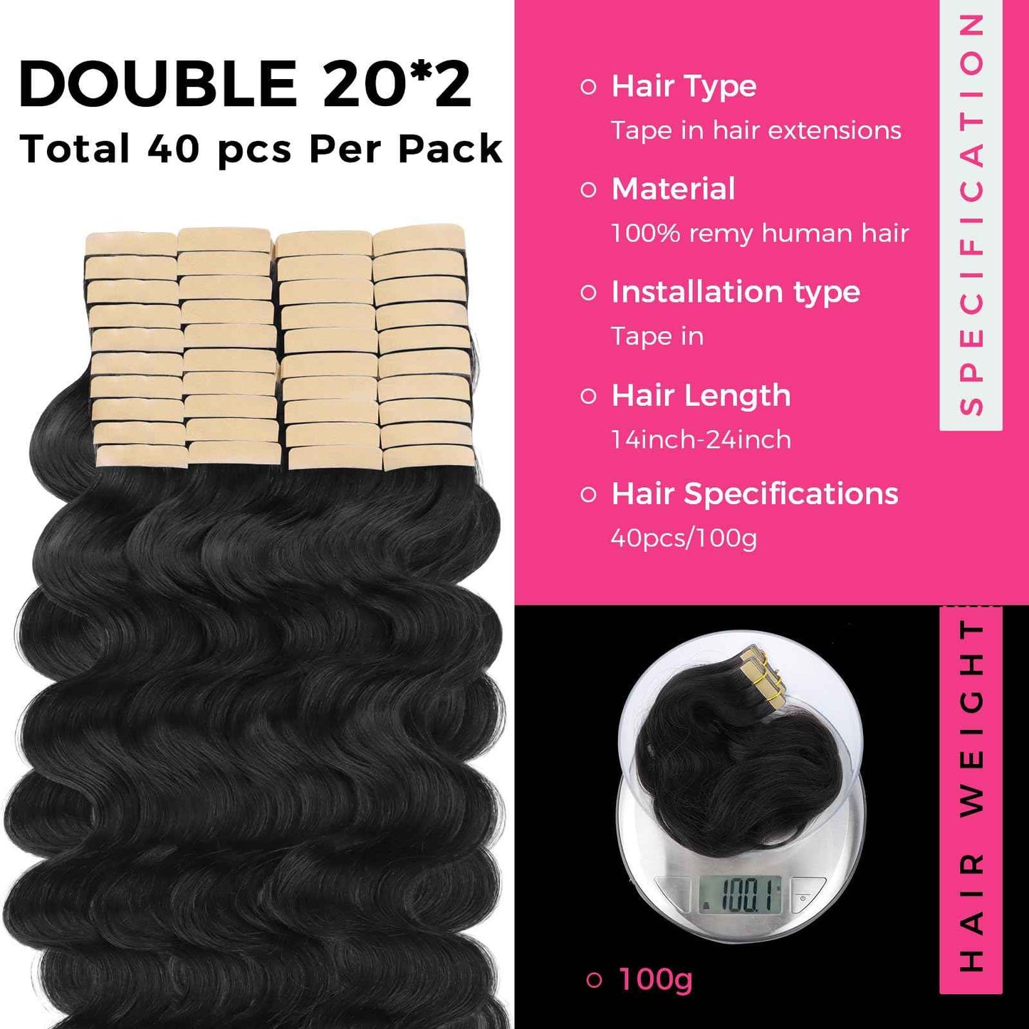 Lashey Tape in Hair Extensions Human Hair 40pcs 100g/pack 22 Inch Body Wave Natural Black Soft and Invisible Hair Extensions
