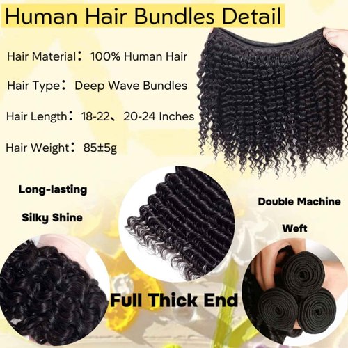 Human Hair Bundles 18 20 22 Inch Deep Wave Bundle 12A Brazilian 100% Unprocessed Virgin Human Hair 3 Bundles Deep Curly Wet and Wavy Human Hair Quick Weave Extensions for Women Natural Black