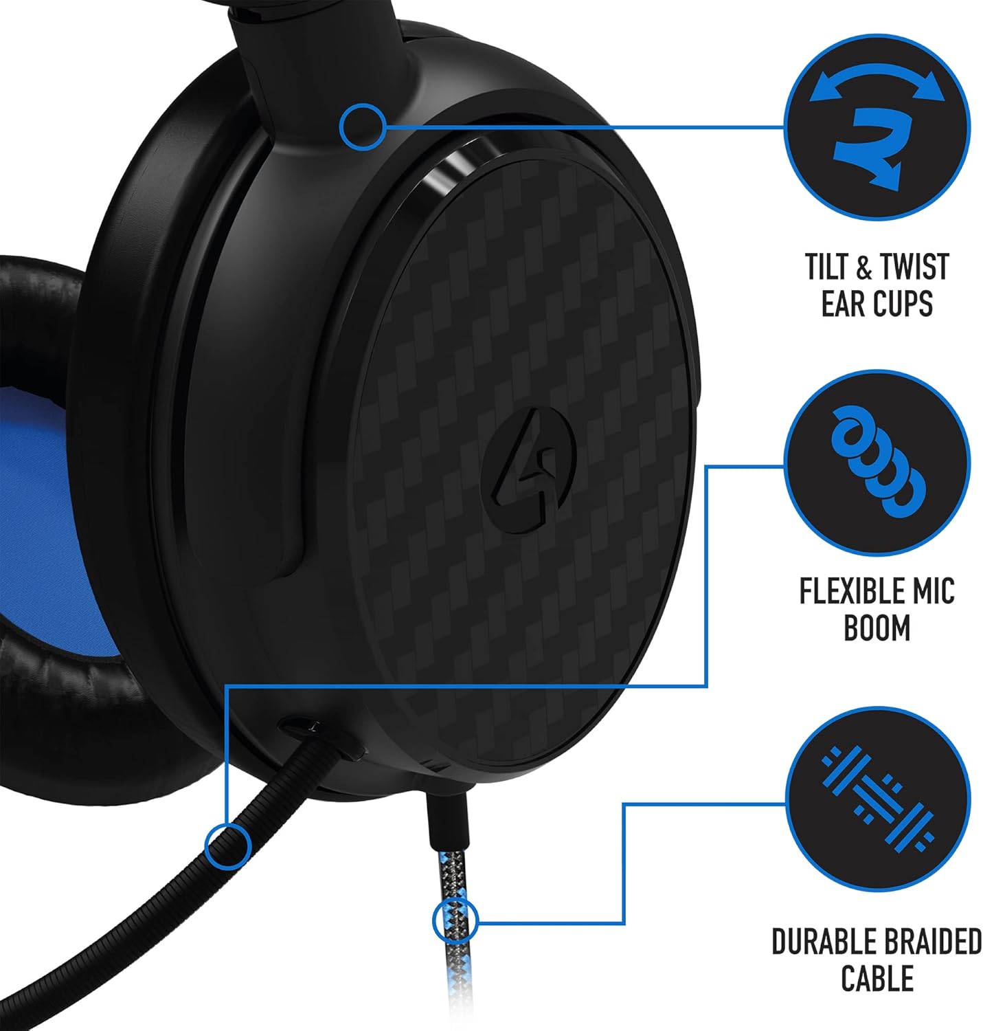 4Gamers C6-100 Black & Blue Over Ear Gaming Headset Compatible with PS4/PS5, Xbox, Switch, PC with Flexible Mic, 3.5mm Jack, 1.5m Cable, Lightweight, Comfortable and Durable