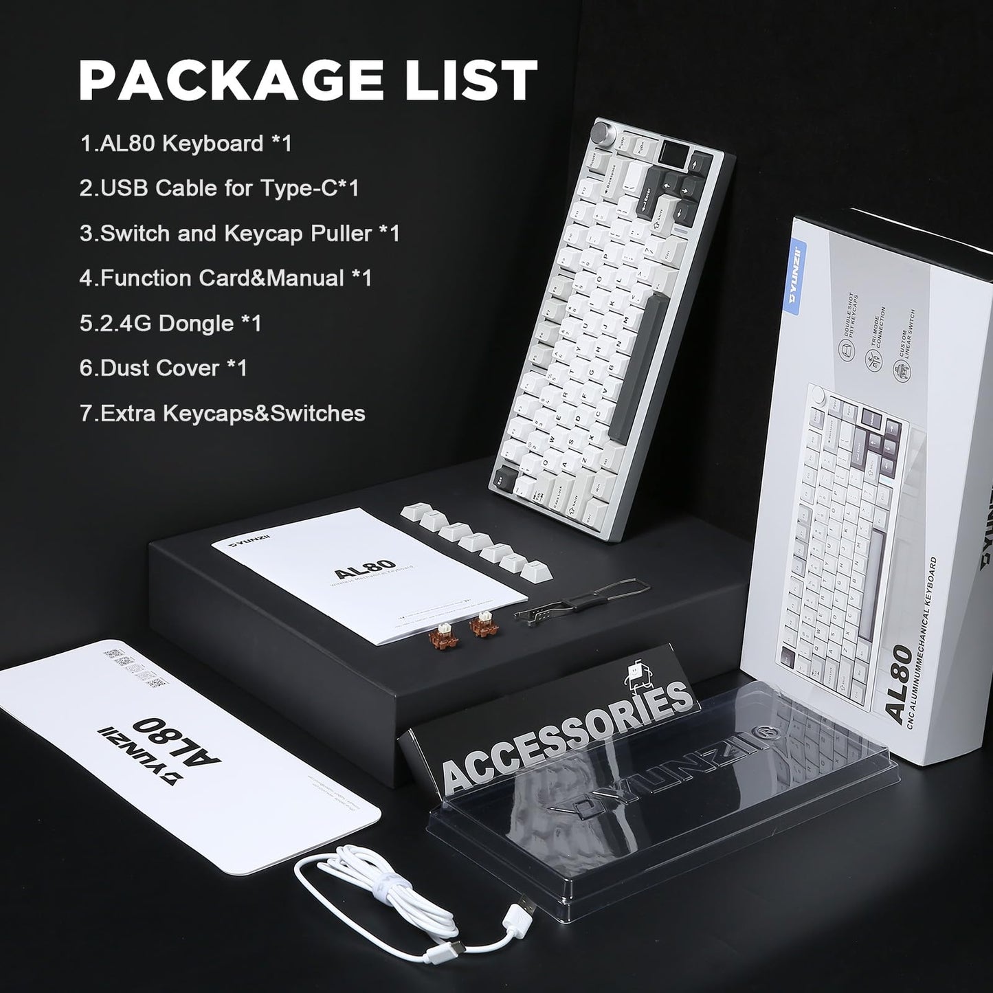 YUNZII AL80 Wireless Mechanical Keyboard,Full Aluminum CNC, Smart LCD Display,Hot Swappable Gasket Mount 75% Layout with Knob,BT/2.4G/USB-C,QMK/VIA Support for Win/Mac (Silver, Cocoa Cream V2 Switch)