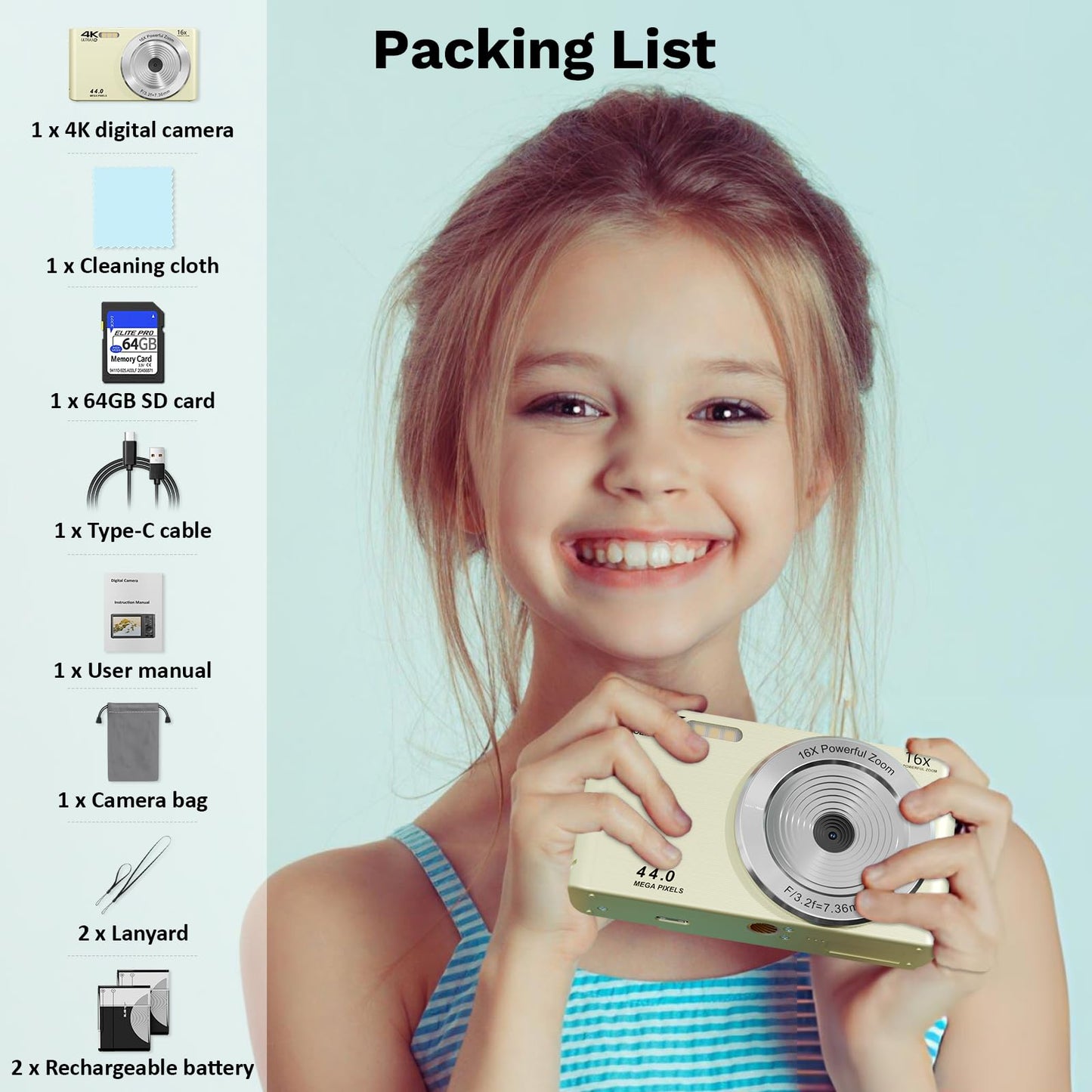 2025 Upgrade Digital Cameras,Digital Camera 4K 44MP, Compact Point and Shoot Digital Cameras for Teens with 16x Zoom, 64 GB SD Card, Vintage Digital Camera for Kids Boys Girls (Cream)