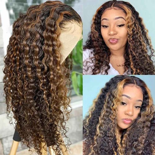 Highlight Ombre 13x6 Deep Wave Lace Front Wigs Human Hair Wet and Wavy 180 Density Curly Honey Blonde 4/27 HD Lace Frontal Wig for Women Pre Plucked Bleached Knots 26 Inch
