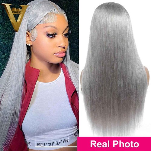 hoshee 200% Density Silver Grey Lace Front Wigs Human Hair For Women No Mixed Fiber Double Drawn Straight Virgin Hair Wig 13x4 UHD Lace Frontal Wig Brazilian Hair 18 Inches