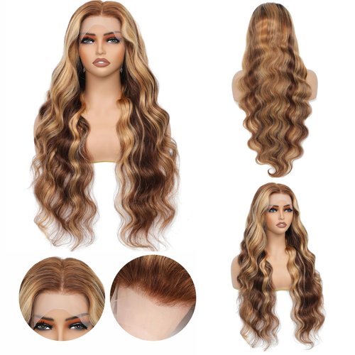 Aaliweya Highlight Lace Front Wigs Human Hair 4/27 Ombre 13x4 Body Wave Lace Frontal Wig for Women 180% Density Glueless Honey Blonde Wig Full and Thick Super Soft 18 inch