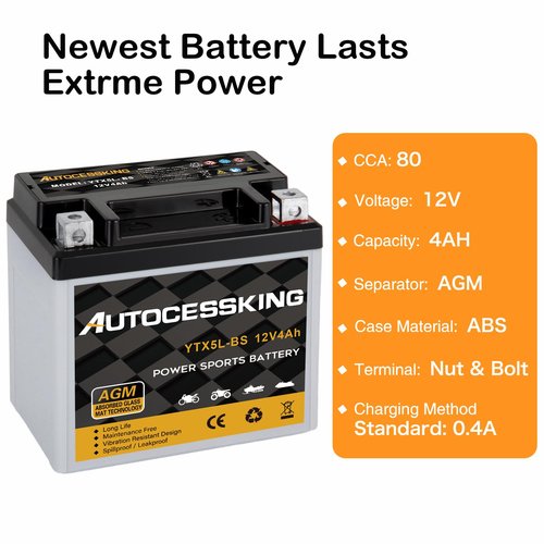 YTX5L-BS Motorcycle Battery, 12V 4Ah Rechargeable Maintenance Free Sealed AGM Battery Powersport Replacement Battery for ATV and Scooter